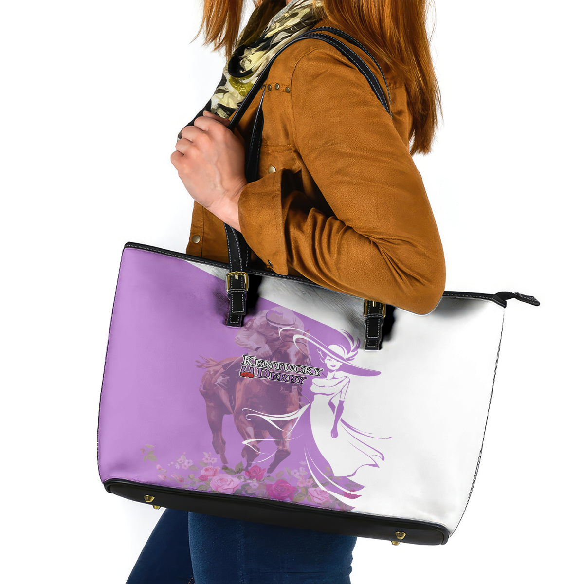 Kentucky Racing Horses Derby Hat Girl Leather Tote Bag Purple Color - Wonder Print Shop