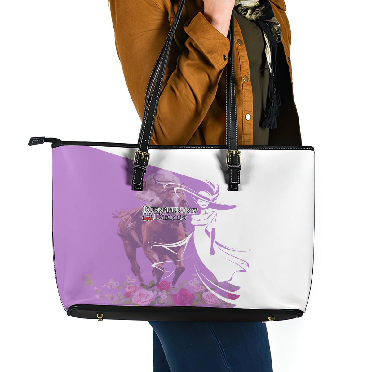 Kentucky Racing Horses Derby Hat Girl Leather Tote Bag Purple Color - Wonder Print Shop