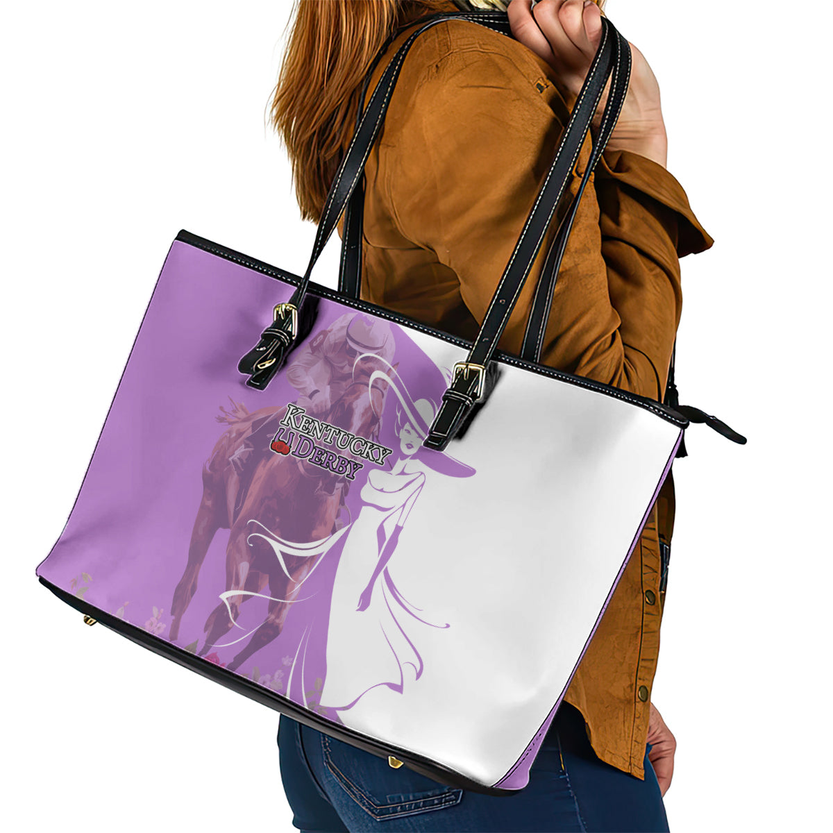 Kentucky Racing Horses Derby Hat Girl Leather Tote Bag Purple Color - Wonder Print Shop