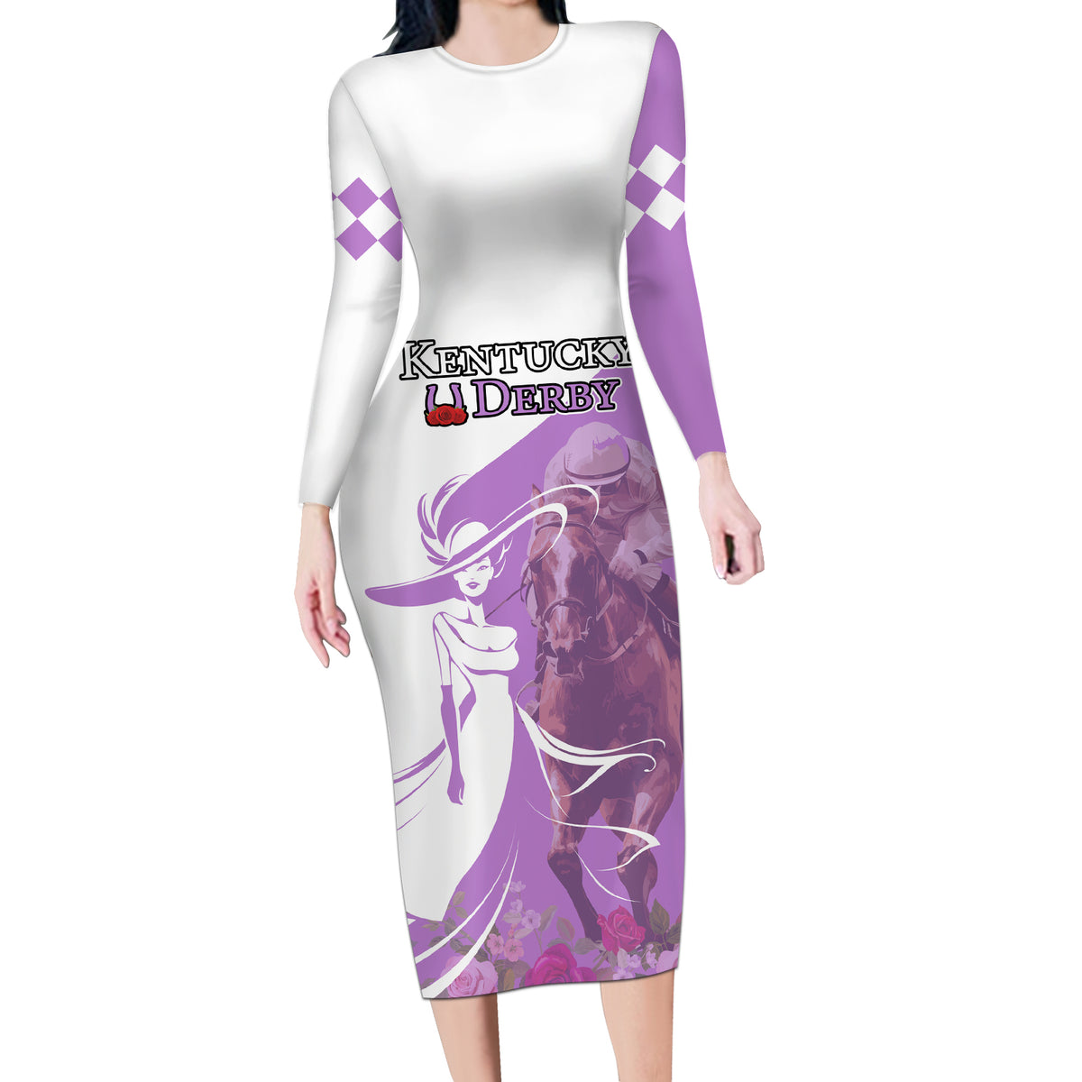 Kentucky Racing Horses Derby Hat Girl Long Sleeve Bodycon Dress Purple Color - Wonder Print Shop