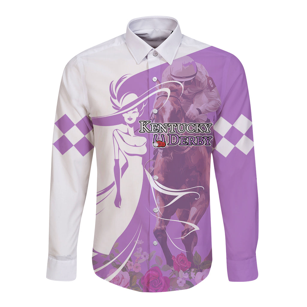 Kentucky Racing Horses Derby Hat Girl Long Sleeve Button Shirt Purple Color - Wonder Print Shop
