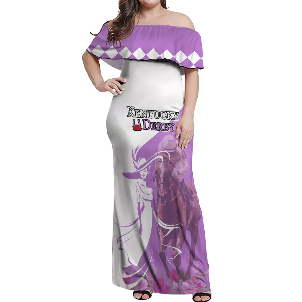 Kentucky Racing Horses Derby Hat Girl Off Shoulder Maxi Dress Purple Color - Wonder Print Shop