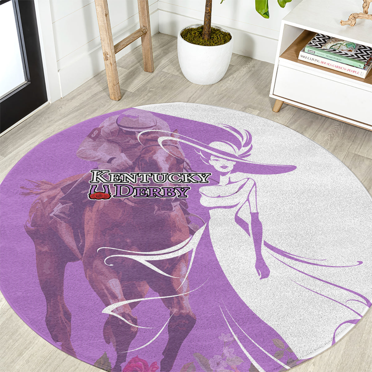 Kentucky Racing Horses Derby Hat Girl Round Carpet Purple Color