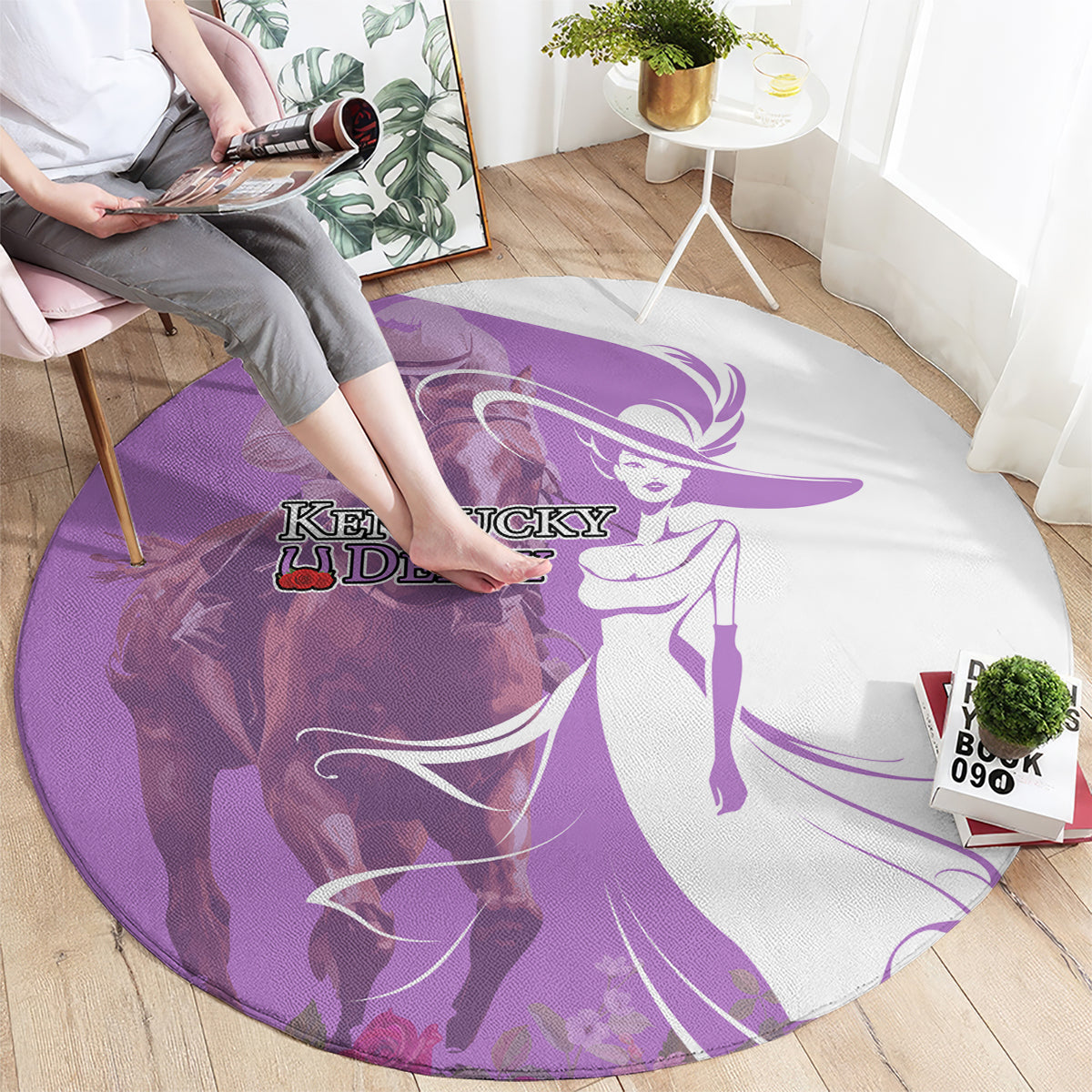 Kentucky Racing Horses Derby Hat Girl Round Carpet Purple Color