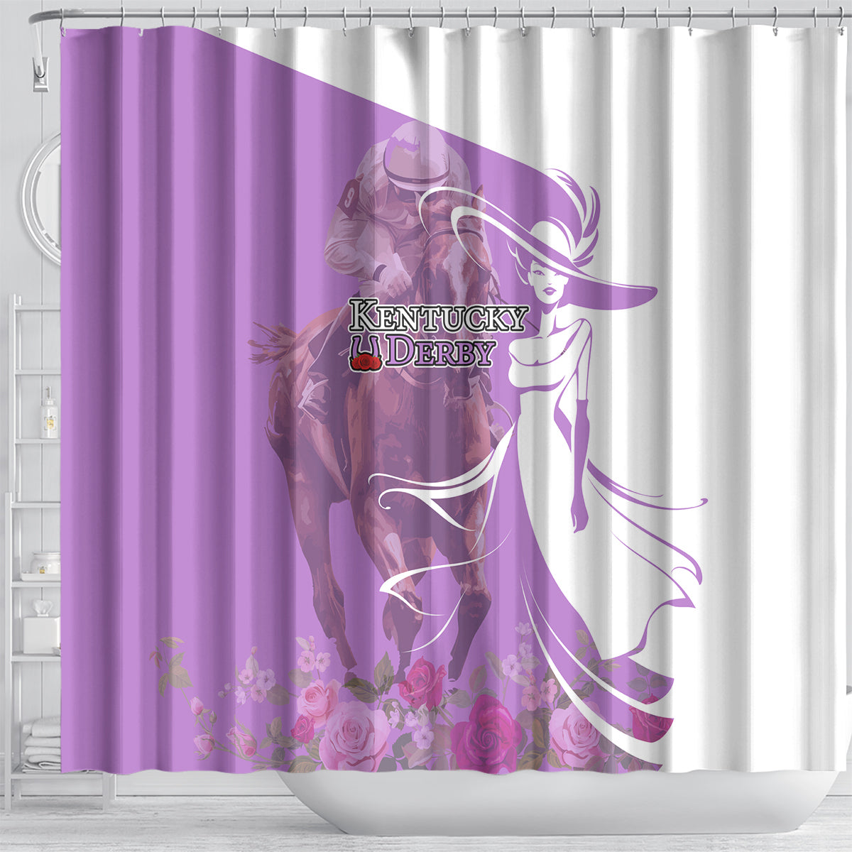 Kentucky Racing Horses Derby Hat Girl Shower Curtain Purple Color