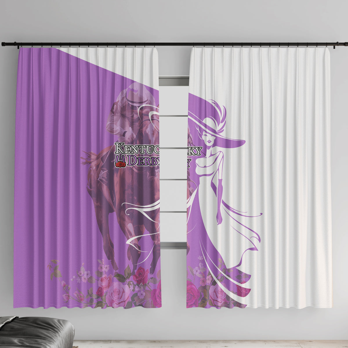 Kentucky Racing Horses Derby Hat Girl Window Curtain Purple Color - Wonder Print Shop