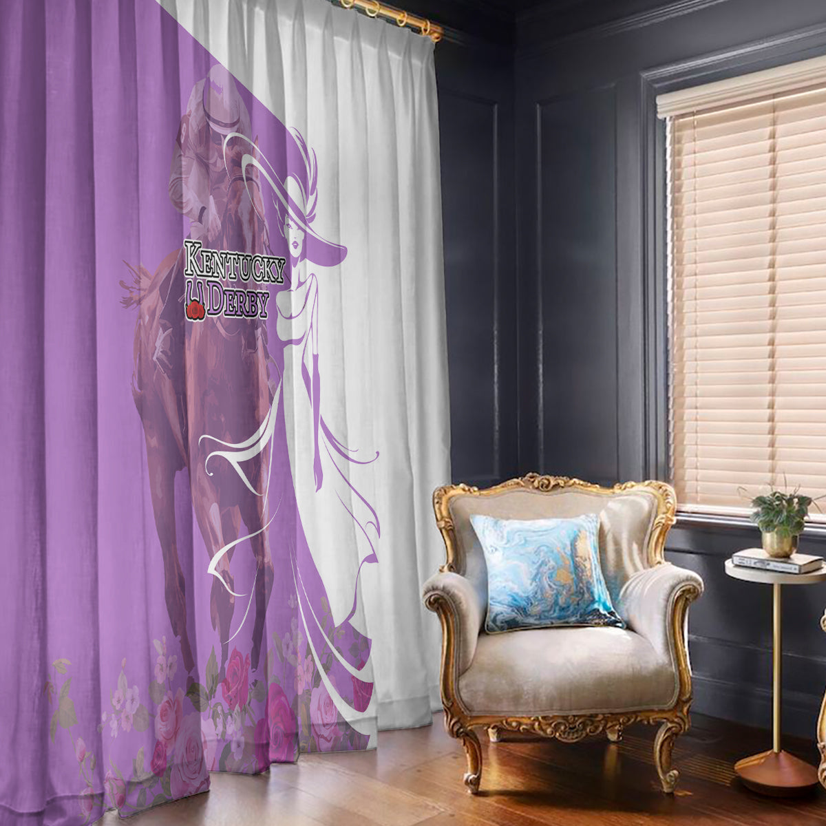 Kentucky Racing Horses Derby Hat Girl Window Curtain Purple Color - Wonder Print Shop