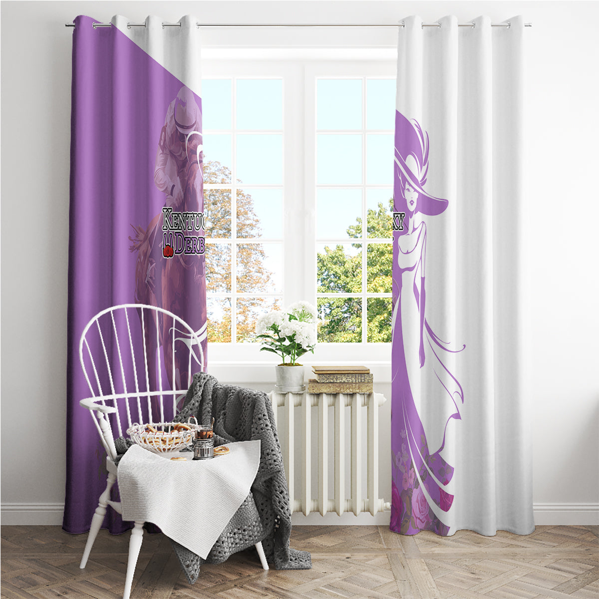 Kentucky Racing Horses Derby Hat Girl Window Curtain Purple Color - Wonder Print Shop