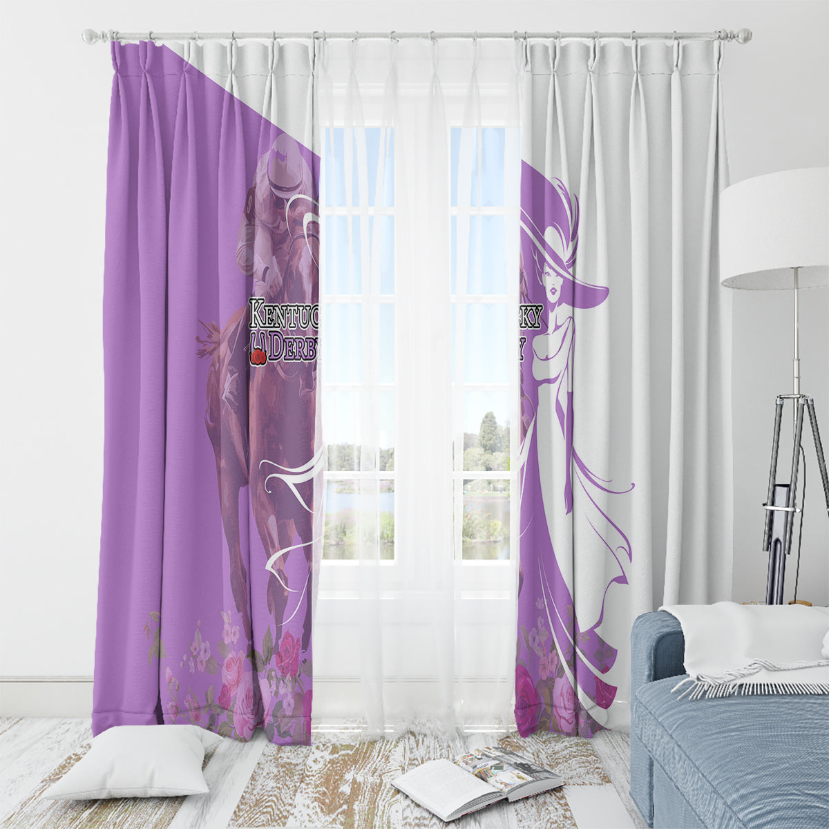 Kentucky Racing Horses Derby Hat Girl Window Curtain Purple Color - Wonder Print Shop