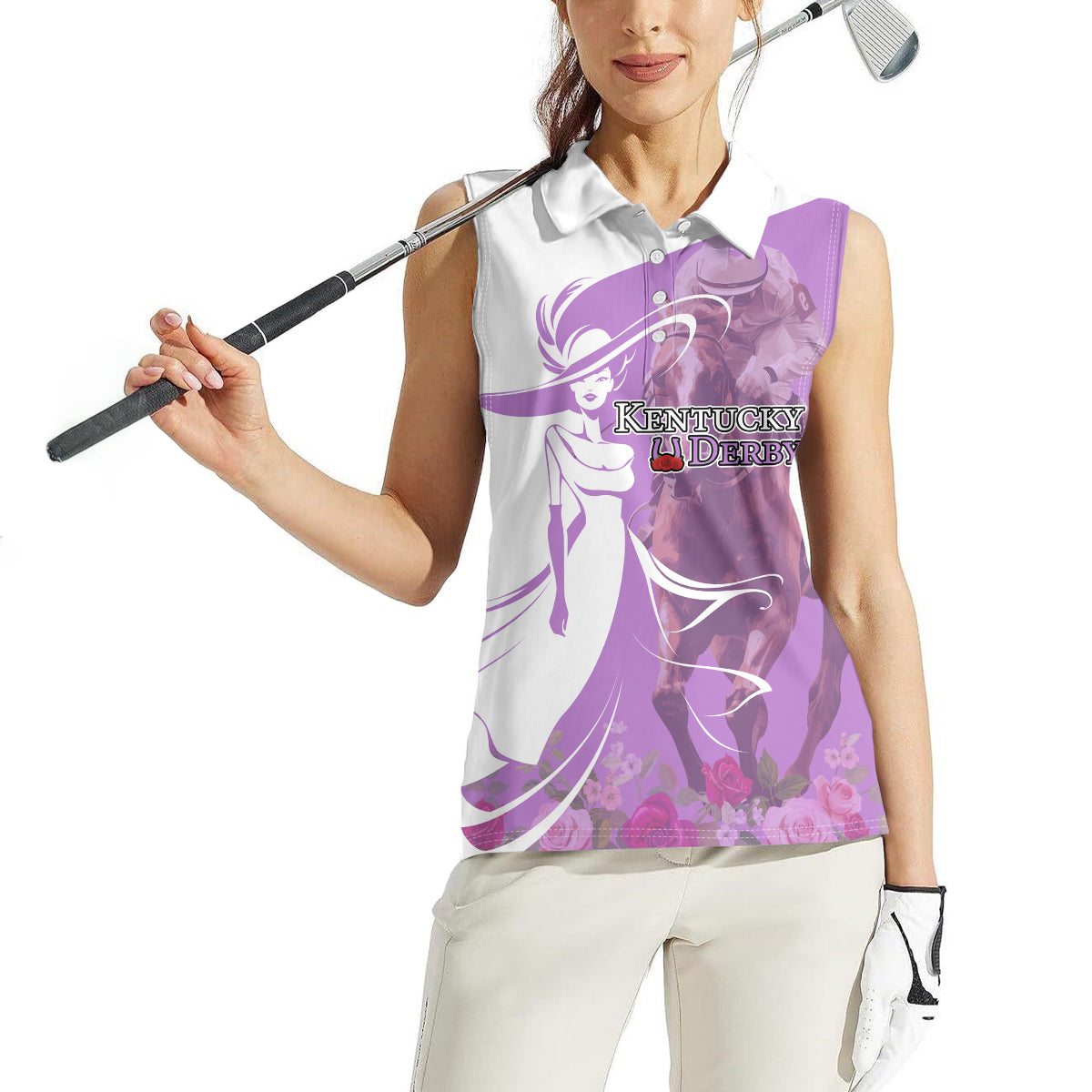 Kentucky Racing Horses Derby Hat Girl Women Sleeveless Polo Shirt Purple Color - Wonder Print Shop