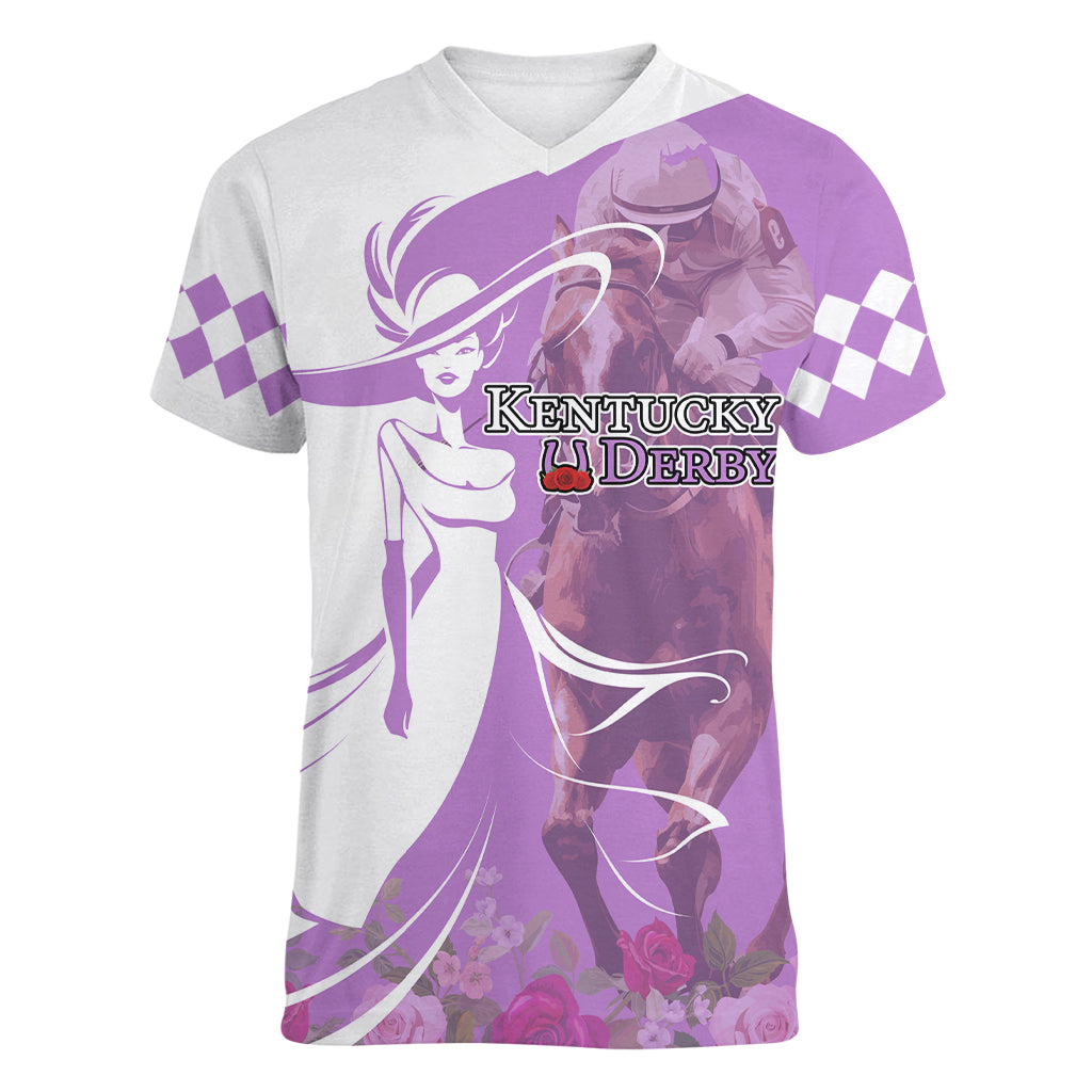 Kentucky Racing Horses Derby Hat Girl Women V-Neck T-Shirt Purple Color - Wonder Print Shop