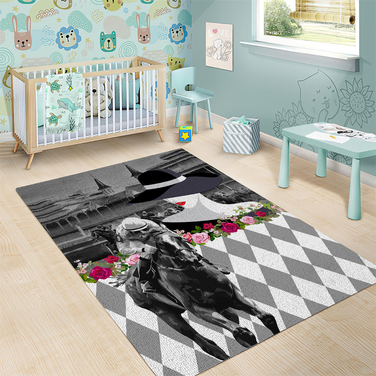 Kentucky Racing Horses Derby Hat Lady Area Rug Churchill Downs and Roses Grayscale - Wonder Print Shop