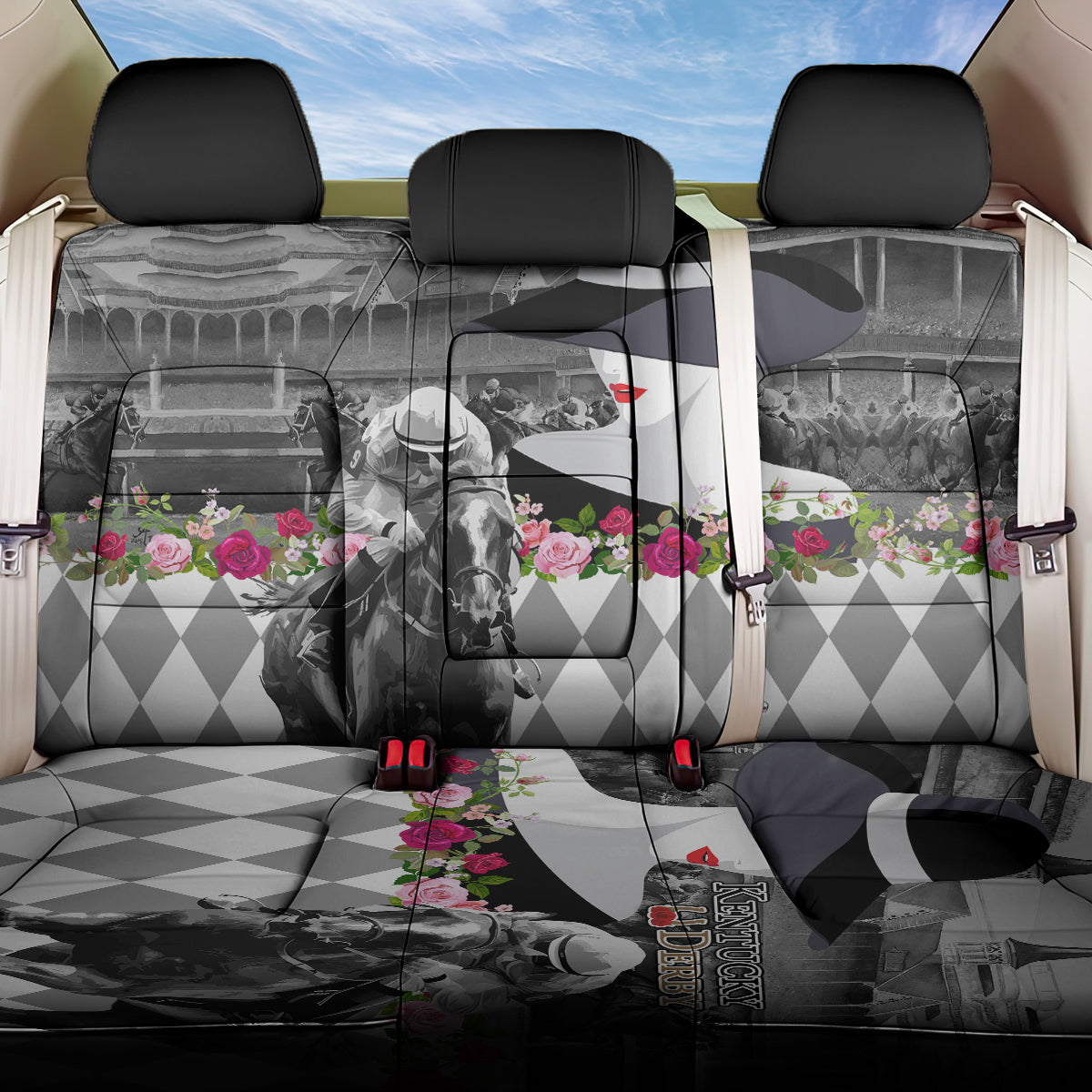 Kentucky Racing Horses Derby Hat Lady Back Car Seat Cover Churchill Downs and Roses Grayscale - Wonder Print Shop