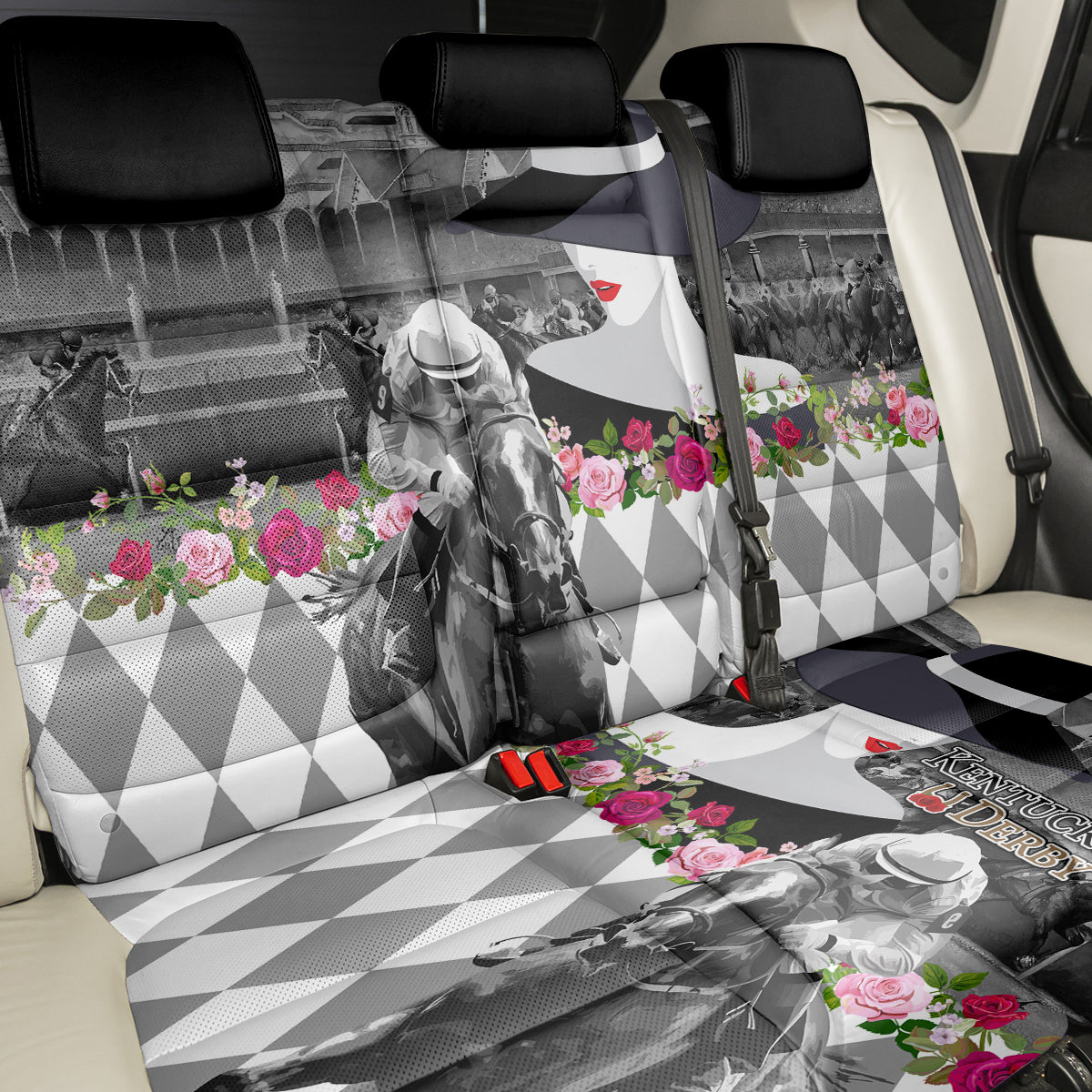 Kentucky Racing Horses Derby Hat Lady Back Car Seat Cover Churchill Downs and Roses Grayscale - Wonder Print Shop