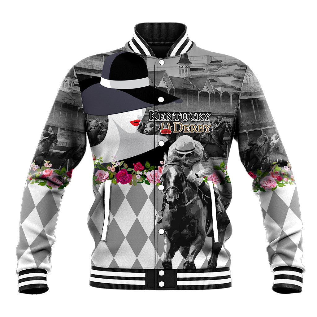 Kentucky Racing Horses Derby Hat Lady Baseball Jacket Churchill Downs and Roses Grayscale - Wonder Print Shop