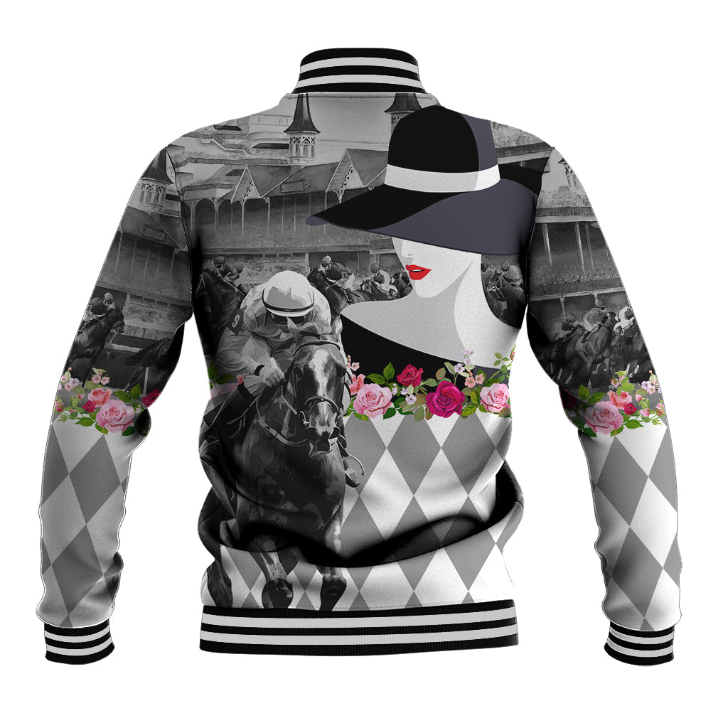 Kentucky Racing Horses Derby Hat Lady Baseball Jacket Churchill Downs and Roses Grayscale - Wonder Print Shop