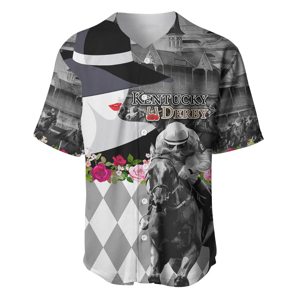 Kentucky Racing Horses Derby Hat Lady Baseball Jersey Churchill Downs and Roses Grayscale - Wonder Print Shop