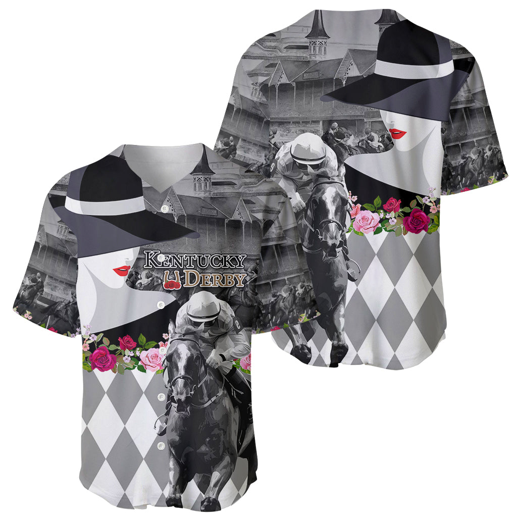 Kentucky Racing Horses Derby Hat Lady Baseball Jersey Churchill Downs and Roses Grayscale - Wonder Print Shop