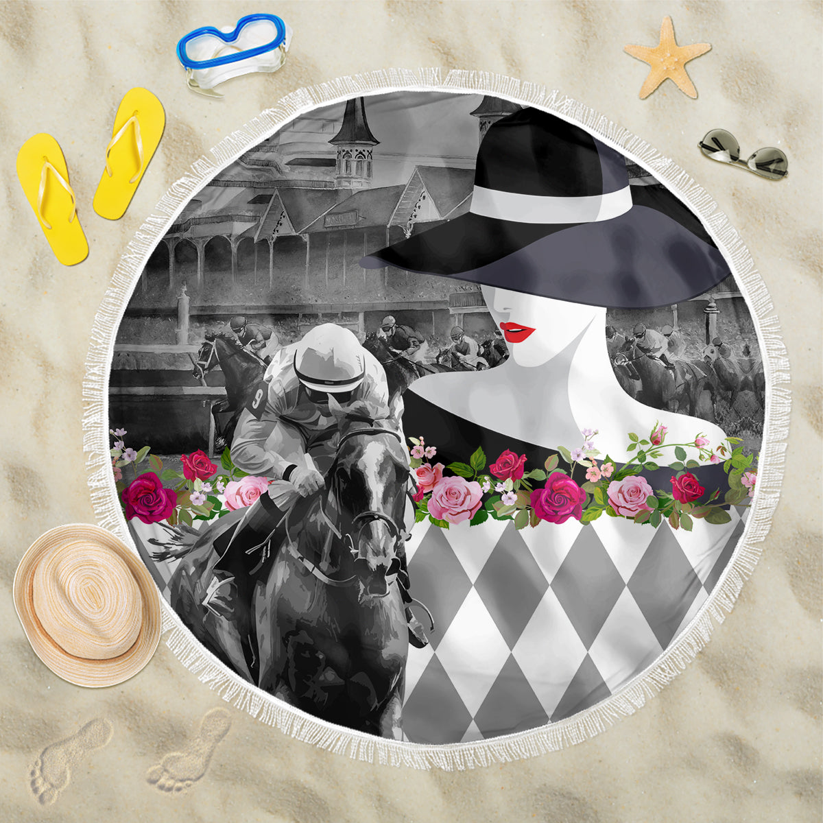 Kentucky Racing Horses Derby Hat Lady Beach Blanket Churchill Downs and Roses Grayscale