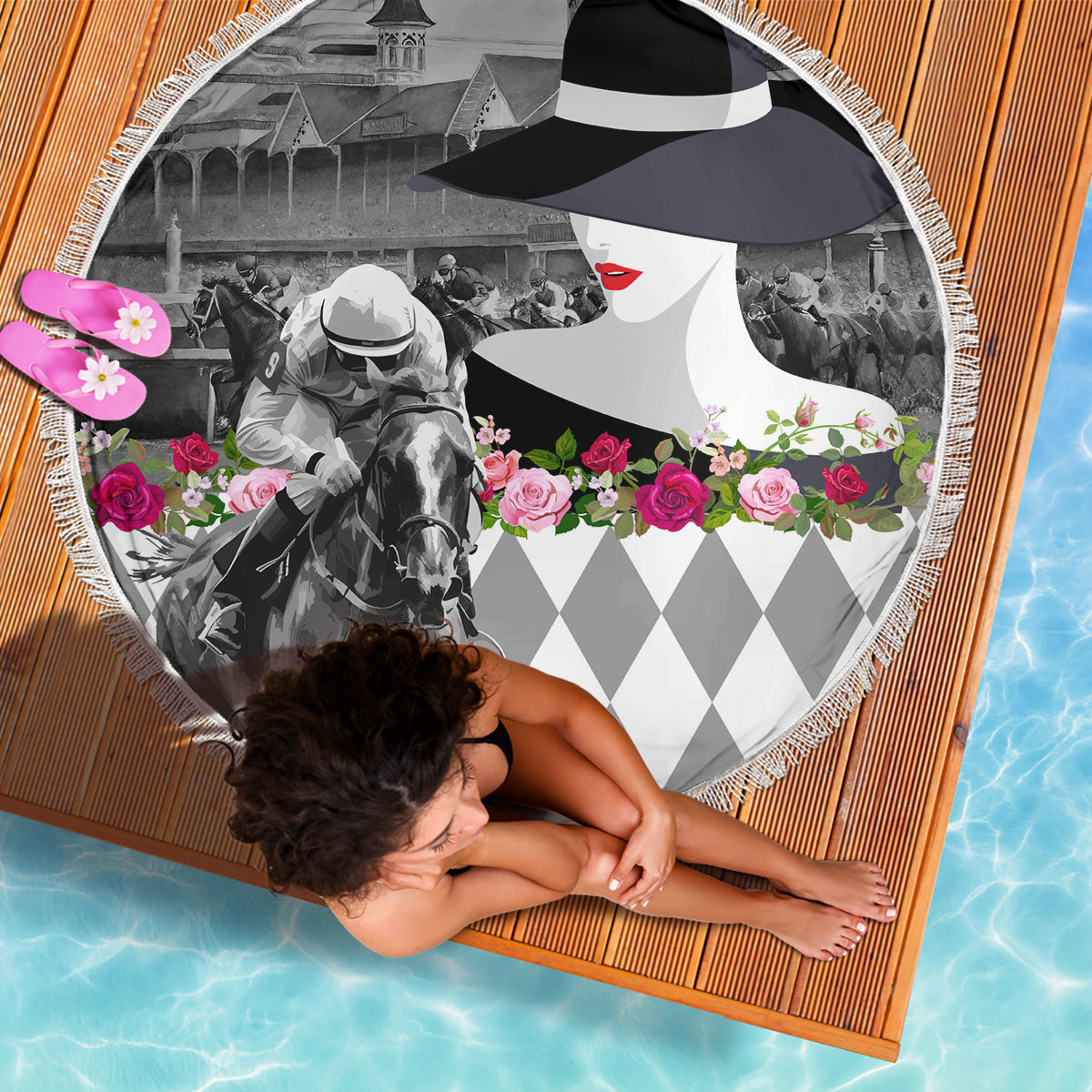 Kentucky Racing Horses Derby Hat Lady Beach Blanket Churchill Downs and Roses Grayscale - Wonder Print Shop