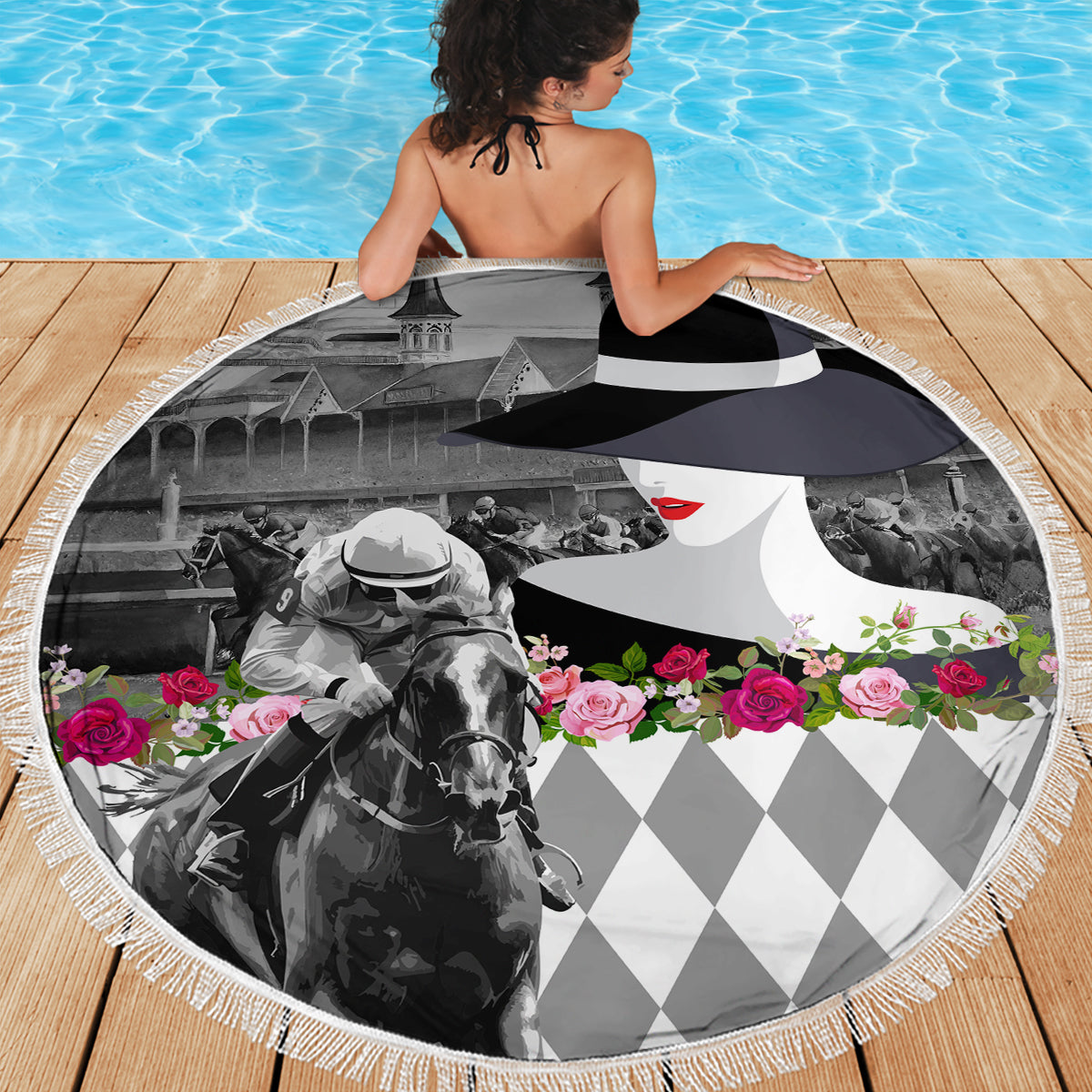 Kentucky Racing Horses Derby Hat Lady Beach Blanket Churchill Downs and Roses Grayscale - Wonder Print Shop