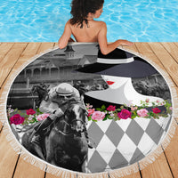 Kentucky Racing Horses Derby Hat Lady Beach Blanket Churchill Downs and Roses Grayscale - Wonder Print Shop