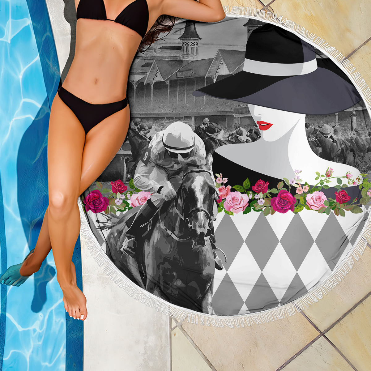 Kentucky Racing Horses Derby Hat Lady Beach Blanket Churchill Downs and Roses Grayscale - Wonder Print Shop