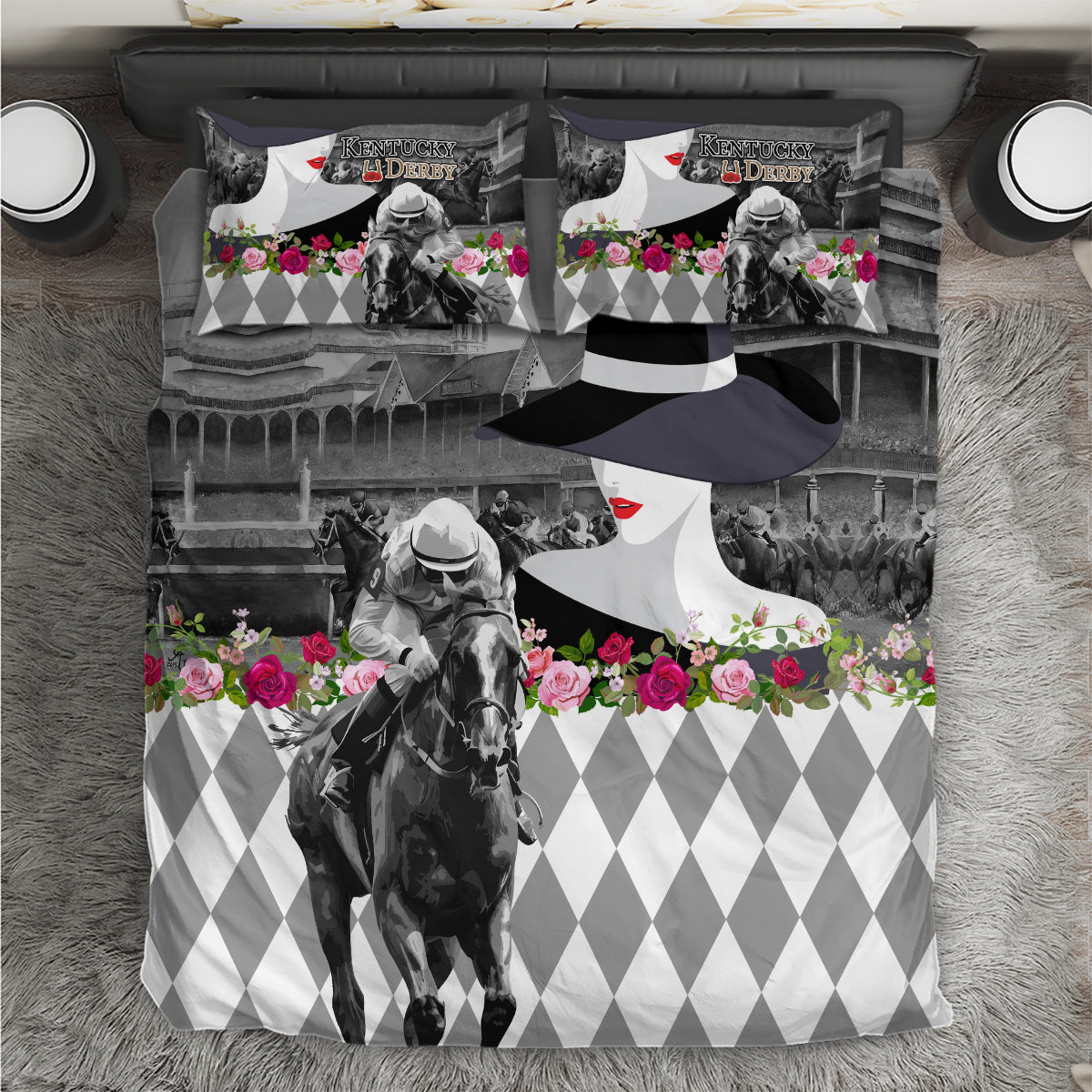 Kentucky Racing Horses Derby Hat Lady Bedding Set Churchill Downs and Roses Grayscale - Wonder Print Shop