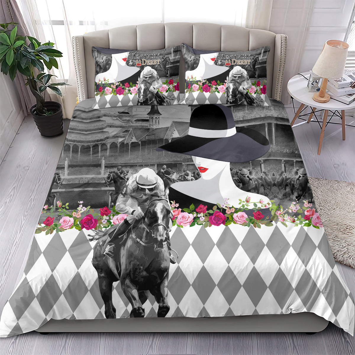 Kentucky Racing Horses Derby Hat Lady Bedding Set Churchill Downs and Roses Grayscale - Wonder Print Shop