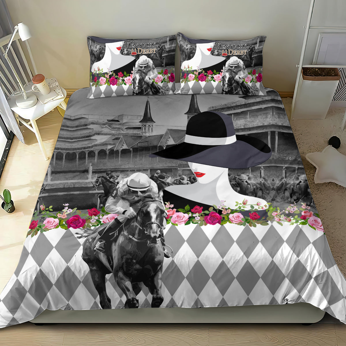 Kentucky Racing Horses Derby Hat Lady Bedding Set Churchill Downs and Roses Grayscale - Wonder Print Shop