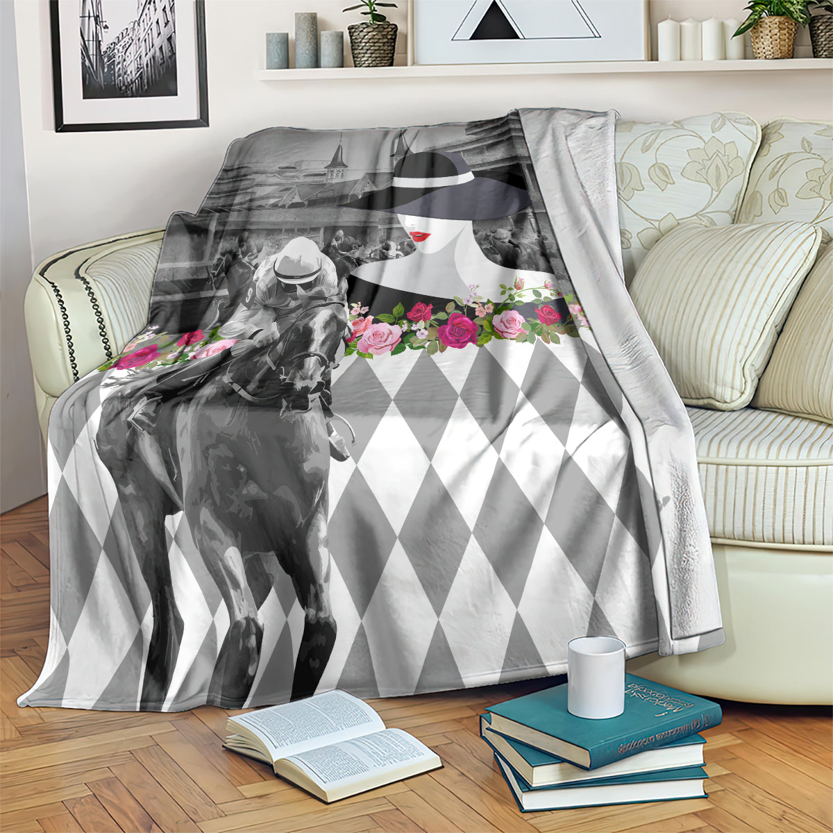 Kentucky Racing Horses Derby Hat Lady Blanket Churchill Downs and Roses Grayscale