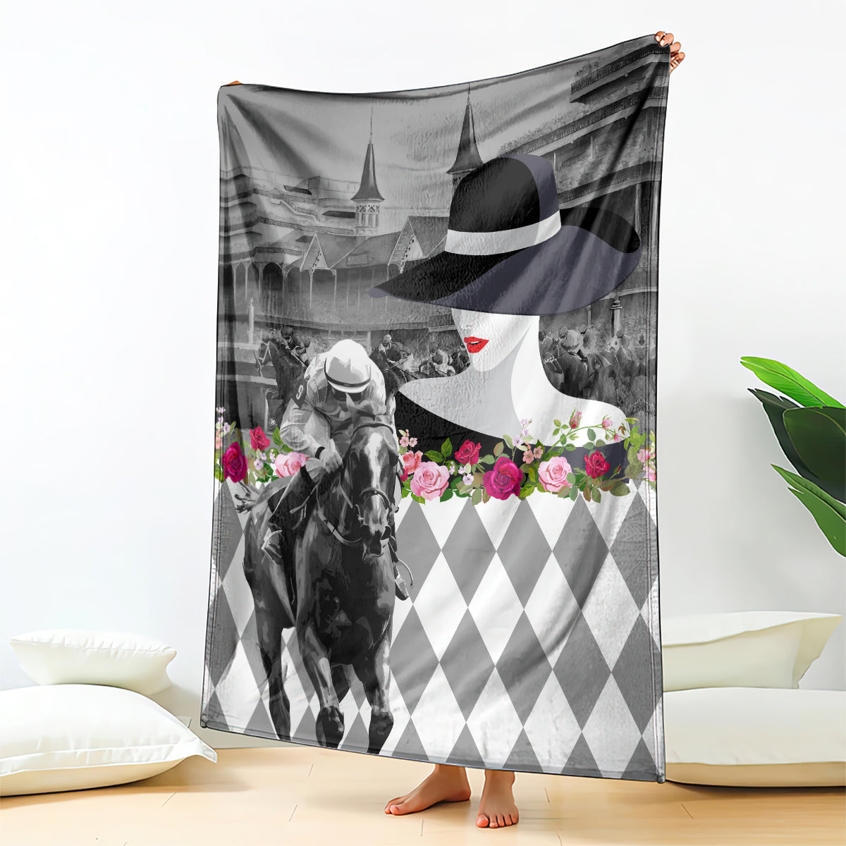 Kentucky Racing Horses Derby Hat Lady Blanket Churchill Downs and Roses Grayscale