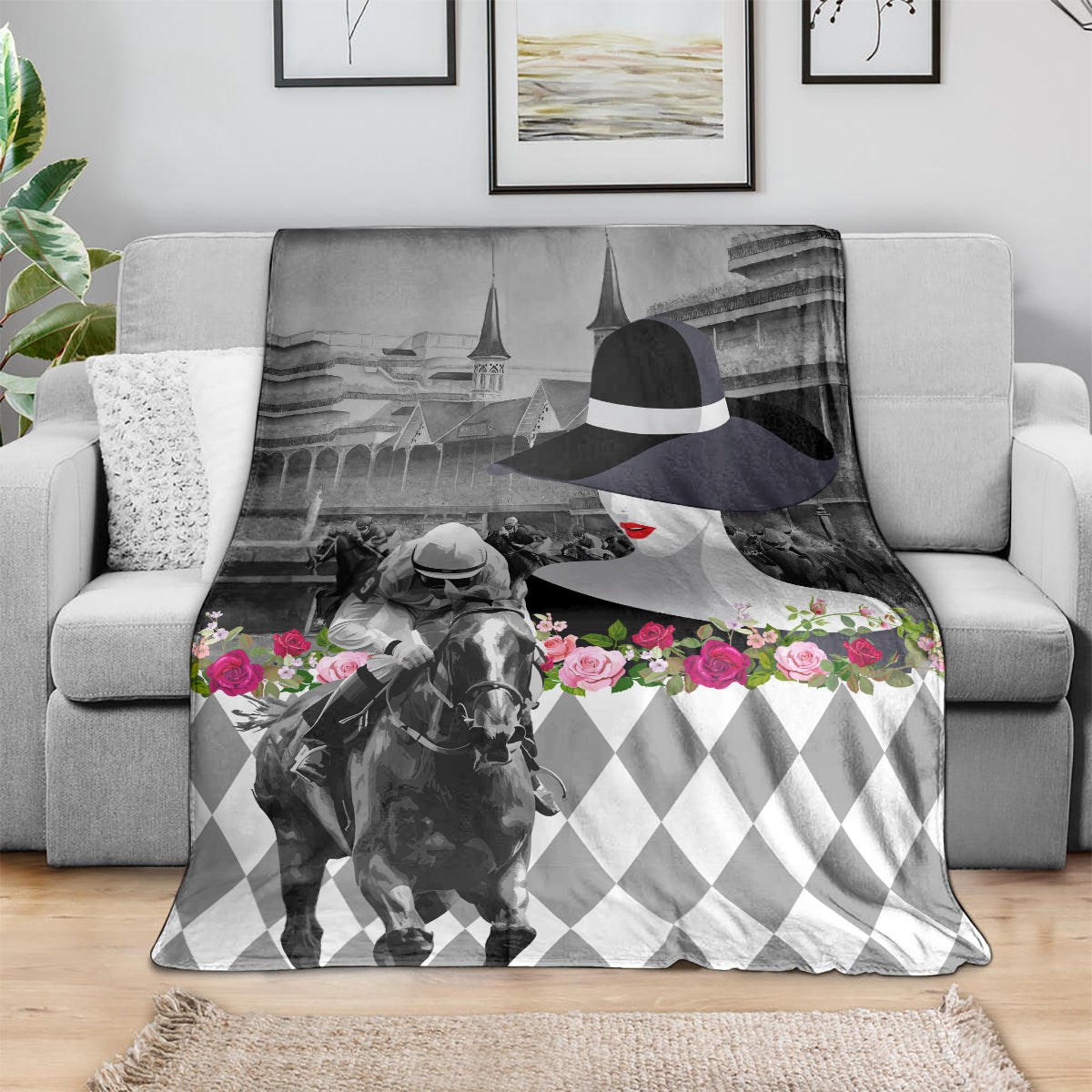 Kentucky Racing Horses Derby Hat Lady Blanket Churchill Downs and Roses Grayscale