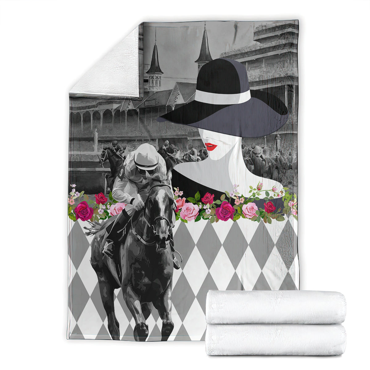 Kentucky Racing Horses Derby Hat Lady Blanket Churchill Downs and Roses Grayscale