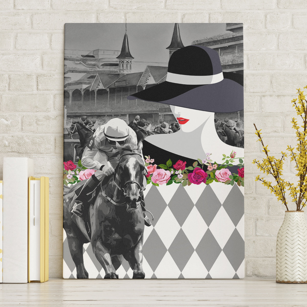 Kentucky Racing Horses Derby Hat Lady Canvas Wall Art Churchill Downs and Roses Grayscale - Wonder Print Shop