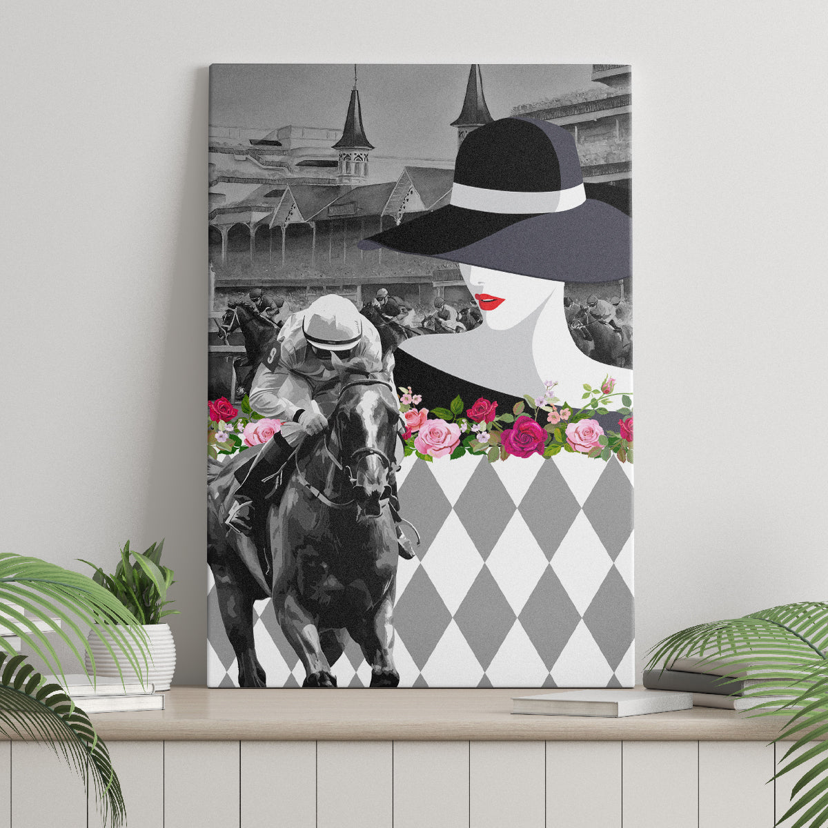 Kentucky Racing Horses Derby Hat Lady Canvas Wall Art Churchill Downs and Roses Grayscale - Wonder Print Shop