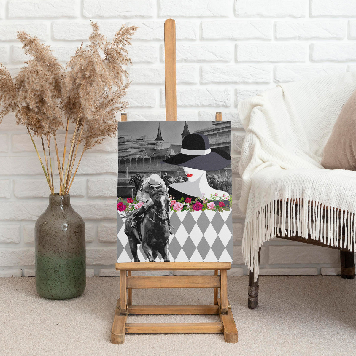 Kentucky Racing Horses Derby Hat Lady Canvas Wall Art Churchill Downs and Roses Grayscale - Wonder Print Shop