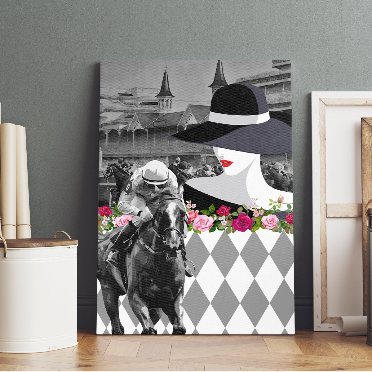 Kentucky Racing Horses Derby Hat Lady Canvas Wall Art Churchill Downs and Roses Grayscale - Wonder Print Shop