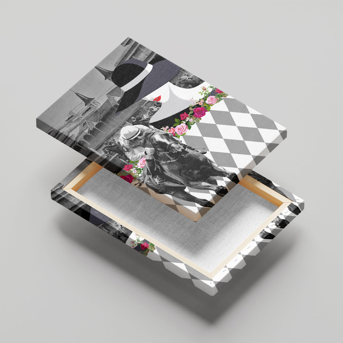 Kentucky Racing Horses Derby Hat Lady Canvas Wall Art Churchill Downs and Roses Grayscale - Wonder Print Shop