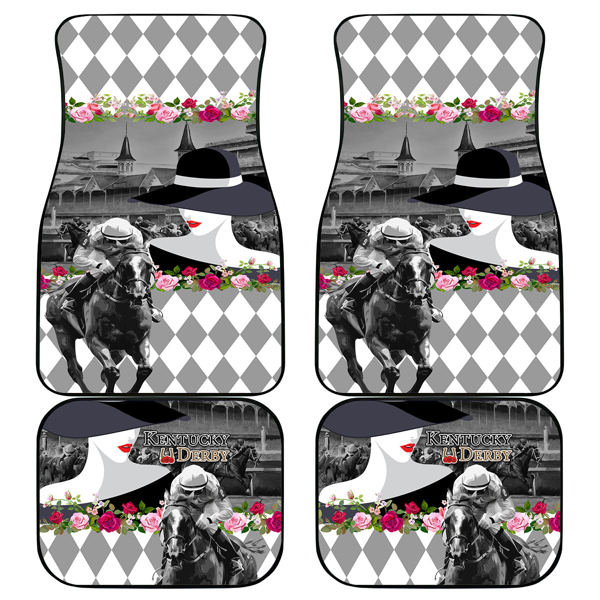 Kentucky Racing Horses Derby Hat Lady Car Mats Churchill Downs and Roses Grayscale - Wonder Print Shop