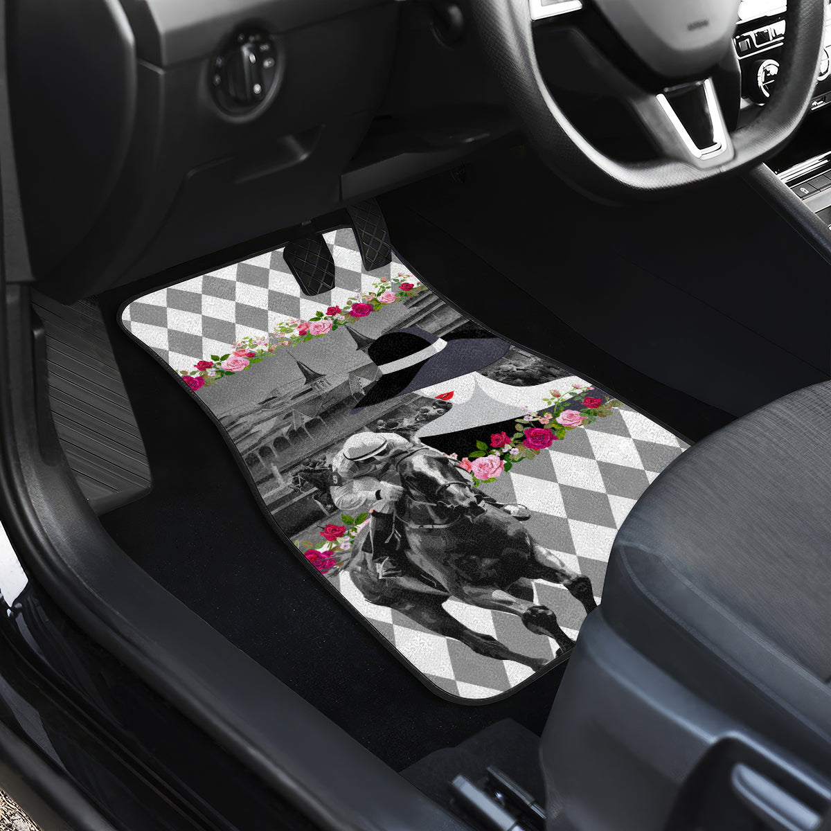 Kentucky Racing Horses Derby Hat Lady Car Mats Churchill Downs and Roses Grayscale - Wonder Print Shop
