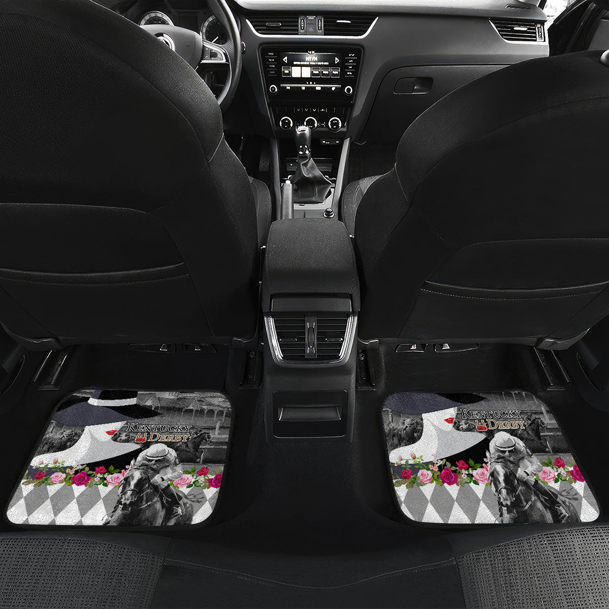 Kentucky Racing Horses Derby Hat Lady Car Mats Churchill Downs and Roses Grayscale - Wonder Print Shop