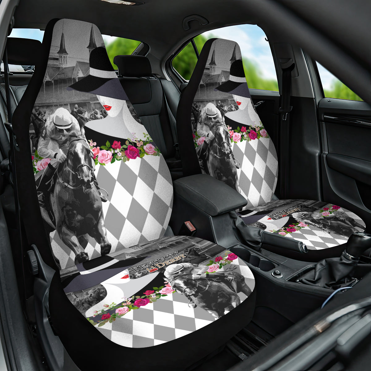 Kentucky Racing Horses Derby Hat Lady Car Seat Cover Churchill Downs and Roses Grayscale - Wonder Print Shop