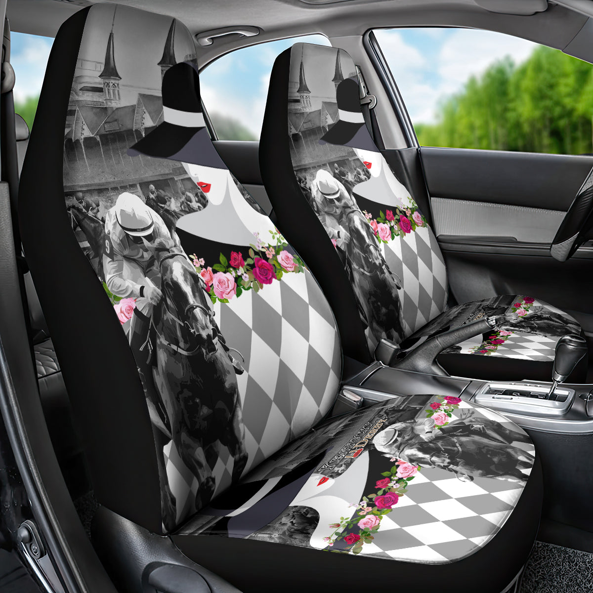 Kentucky Racing Horses Derby Hat Lady Car Seat Cover Churchill Downs and Roses Grayscale - Wonder Print Shop