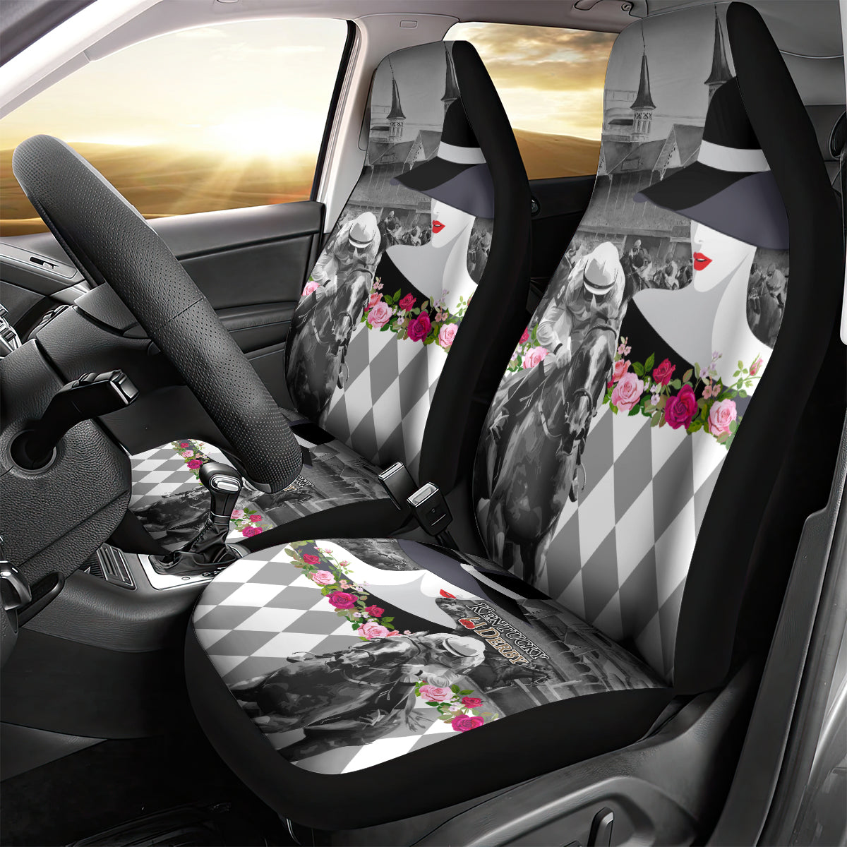 Kentucky Racing Horses Derby Hat Lady Car Seat Cover Churchill Downs and Roses Grayscale - Wonder Print Shop