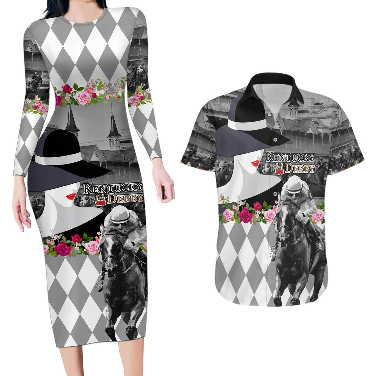 Kentucky Racing Horses Derby Hat Lady Couples Matching Long Sleeve Bodycon Dress and Hawaiian Shirt Churchill Downs and Roses Grayscale - Wonder Print Shop