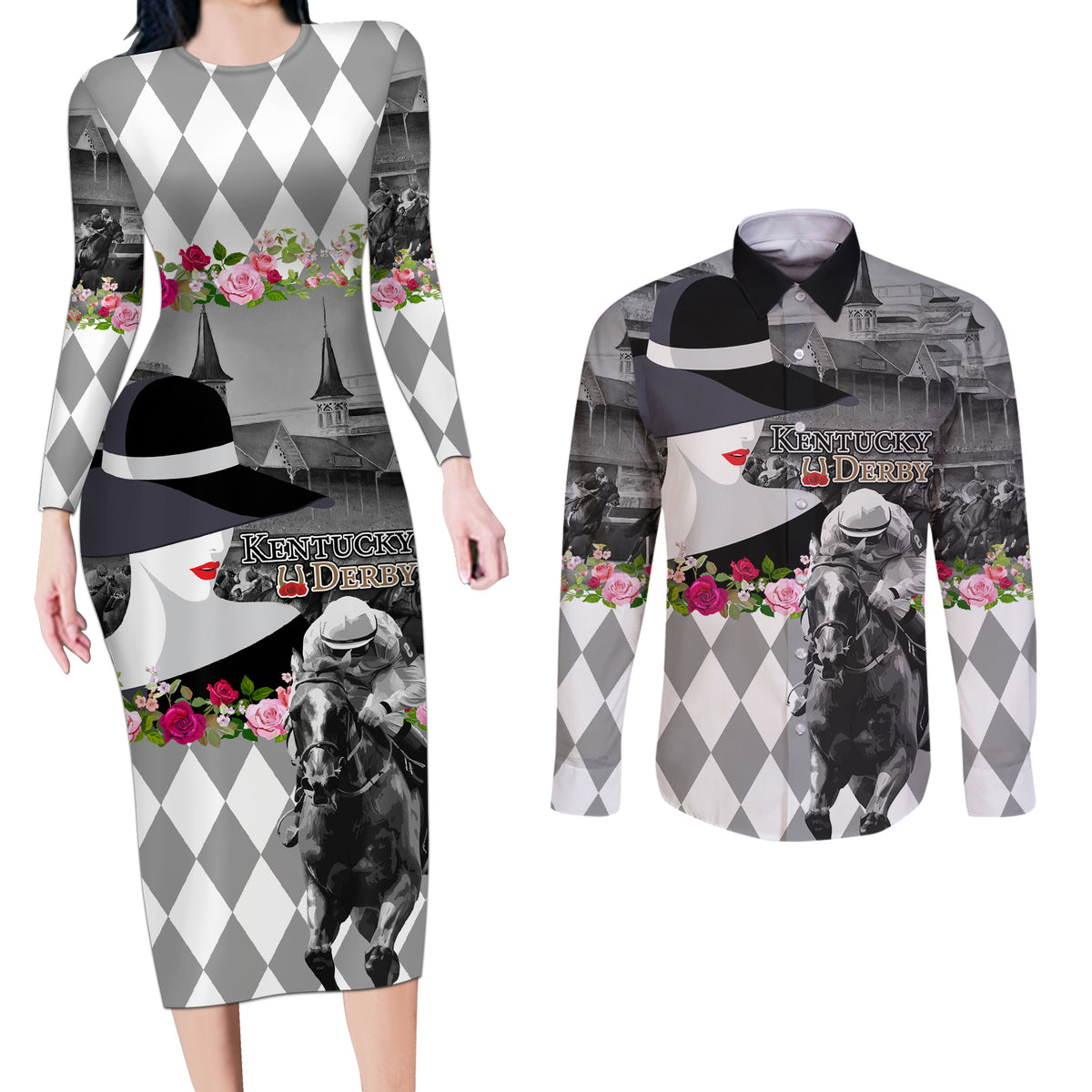 Kentucky Racing Horses Derby Hat Lady Couples Matching Long Sleeve Bodycon Dress and Long Sleeve Button Shirt Churchill Downs and Roses Grayscale - Wonder Print Shop