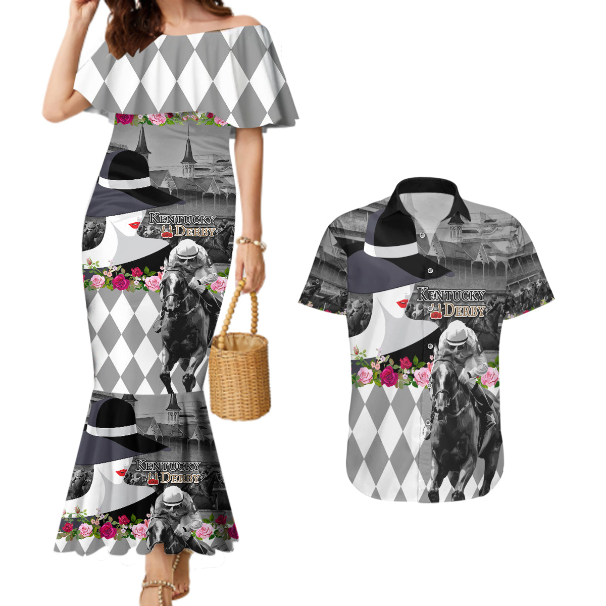 Kentucky Racing Horses Derby Hat Lady Couples Matching Mermaid Dress and Hawaiian Shirt Churchill Downs and Roses Grayscale - Wonder Print Shop