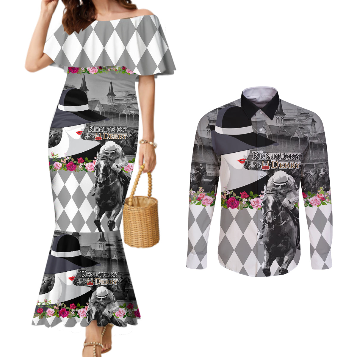 Kentucky Racing Horses Derby Hat Lady Couples Matching Mermaid Dress and Long Sleeve Button Shirt Churchill Downs and Roses Grayscale