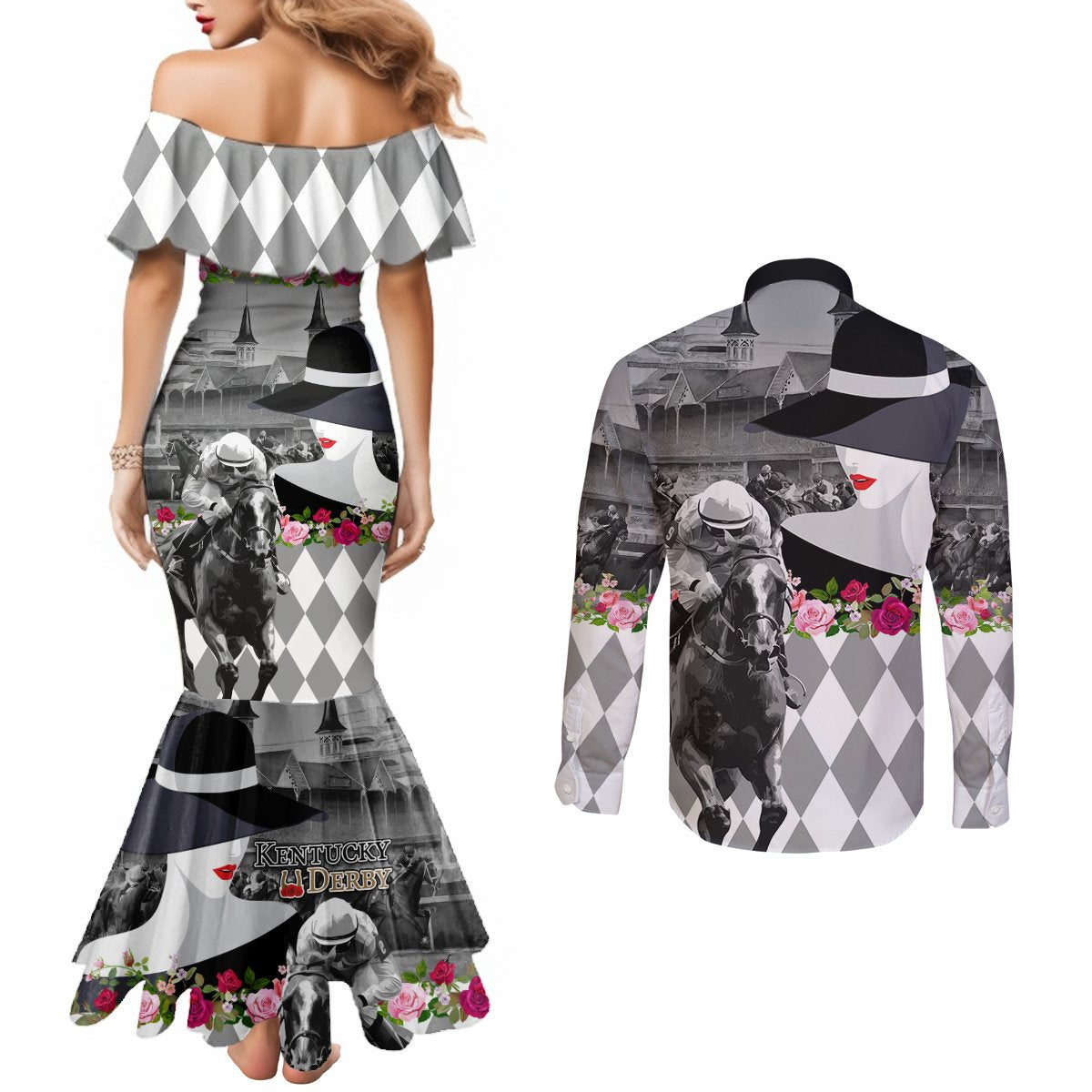 Kentucky Racing Horses Derby Hat Lady Couples Matching Mermaid Dress and Long Sleeve Button Shirt Churchill Downs and Roses Grayscale